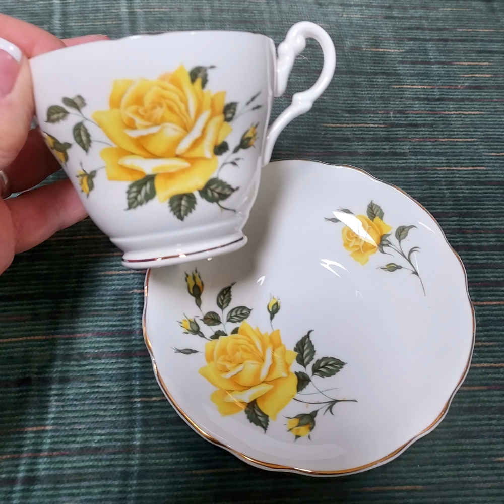 Royal Ascot Yellow Rose Teacup and Saucer Set Gold Trim Vintage